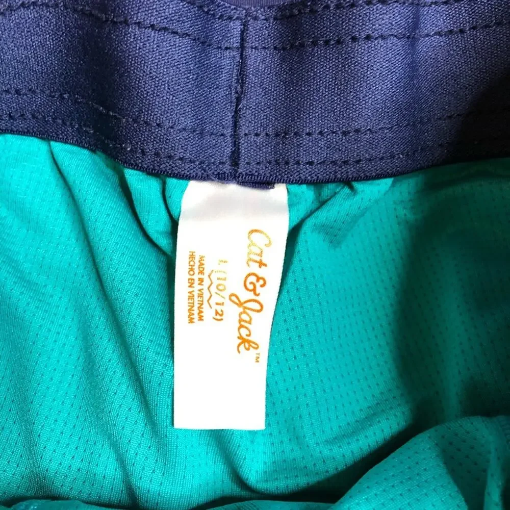 Cat & Jack navy blue shark rash guard swim trunk set size Large 10-12